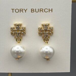 Tory Burch Kira Gold Tone and Crystal Pave Double T stud with Pearl drop